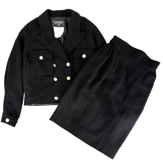 CHANEL シャネル セットアップ マドモアゼルボタン ジャケット スカート ヴィンテージ アパレル 服 40 ブラック 黒 ゴールド金具 秋 冬 ウール レディース【中古品】