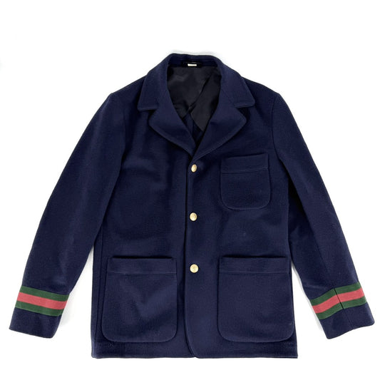 【秋物特集】 GUCCI グッチ テーラードジャケット シェリーライン 服 アウター アパレル 44 674403 ネイビー 紺 ゴールド金具 春 秋 ウール メンズ【中古品】