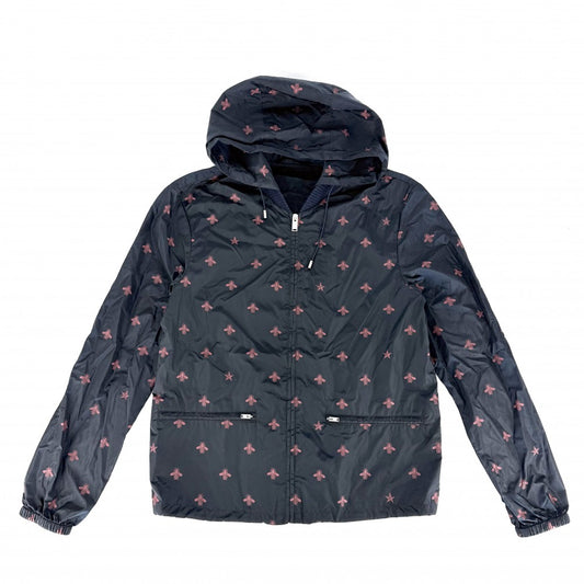 GUCCI グッチ ブルゾン Bee 蜂 ジャケット アウター アパレル 服 フード付き 46 ネイビー 紺 レッド 赤 シルバー金具 春 秋 ナイロン メンズ【中古品】