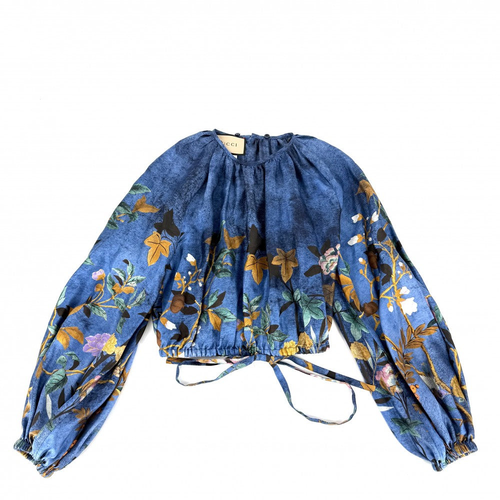 GUCCI グッチ 長袖シャツ ブラウス アパレル 総柄 トップス 服 38 ブルー 青 オレンジ 春 夏 シルク レディース【中古品】