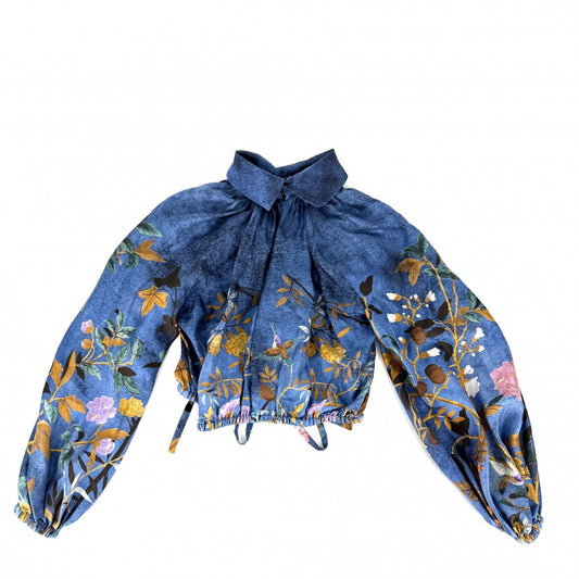 GUCCI グッチ 長袖シャツ ブラウス アパレル 総柄 トップス 服 38 ブルー 青 オレンジ 春 夏 シルク レディース【中古品】