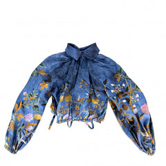 GUCCI グッチ 長袖シャツ ブラウス アパレル 総柄 トップス 服 38 ブルー 青 オレンジ 春 夏 シルク レディース【中古品】