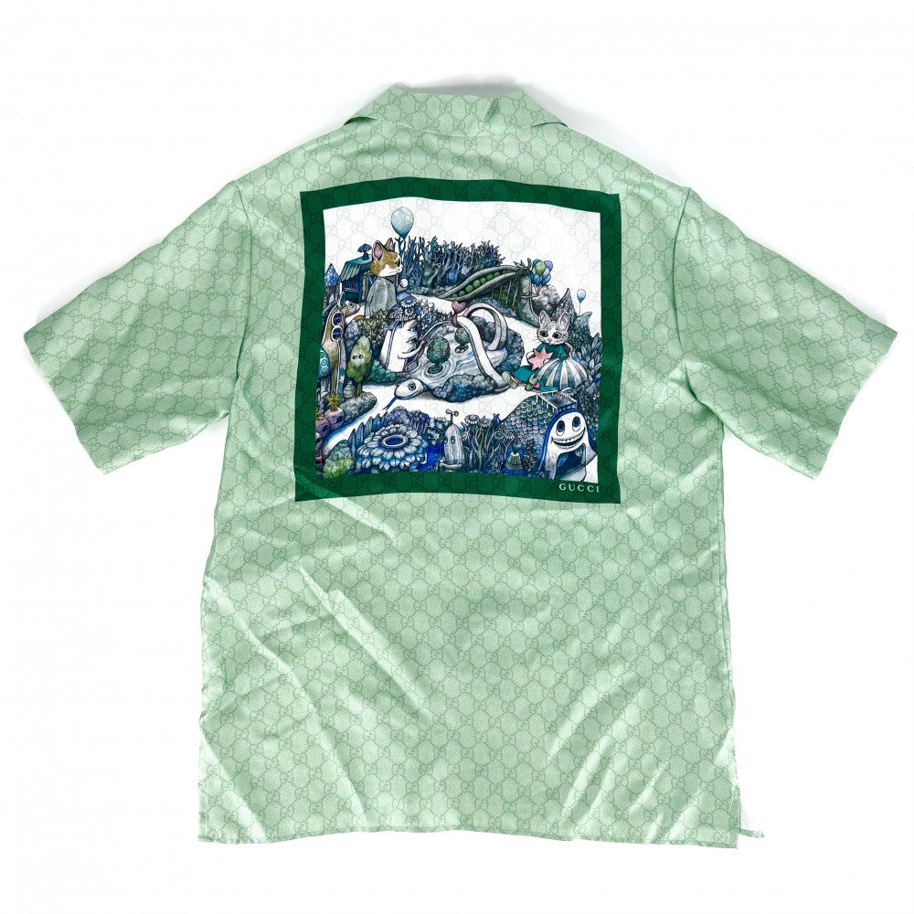 GUCCI グッチ 半袖シャツ ヒグチユウコ 日本限定 トップス GG アパレル 服 46 864048 グリーン系 春 夏 シルク メンズ【中古品】
