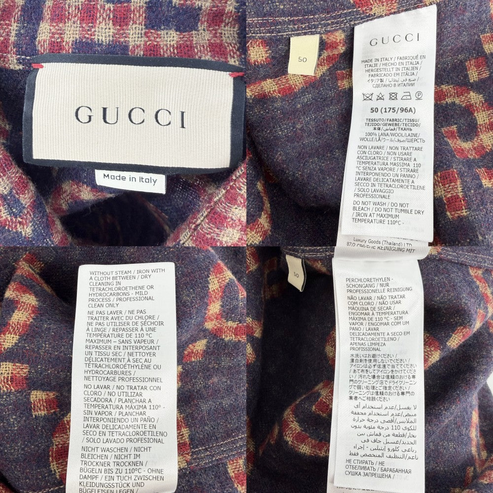 GUCCI グッチ 長袖シャツ マキシGG ギンガムチェック トップス アパレル 服 50 756842 レッド 赤 ベージュ 秋 冬 ウール メンズ【中古品】