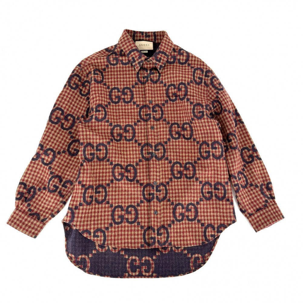 GUCCI グッチ 長袖シャツ マキシGG ギンガムチェック トップス アパレル 服 50 756842 レッド 赤 ベージュ 秋 冬 ウール メンズ【中古品】