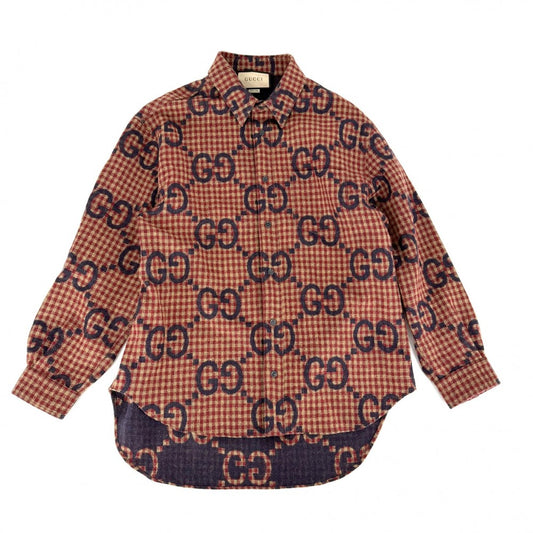 【秋物特集】 GUCCI グッチ 長袖シャツ マキシGG ギンガムチェック トップス アパレル 服 50 756842 レッド 赤 ベージュ 秋 冬 ウール メンズ【中古品】
