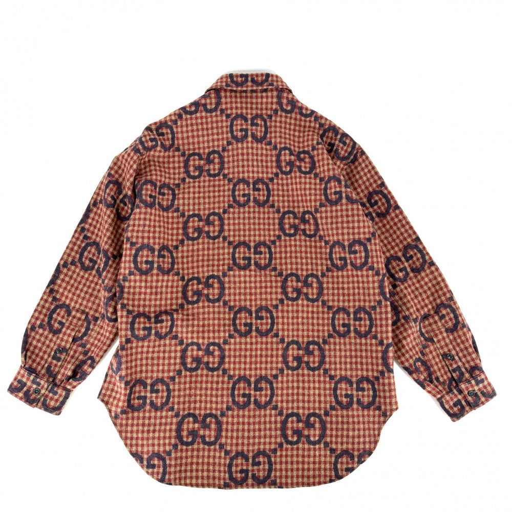 GUCCI グッチ 長袖シャツ マキシGG ギンガムチェック トップス アパレル 服 50 756842 レッド 赤 ベージュ 秋 冬 ウール メンズ【中古品】