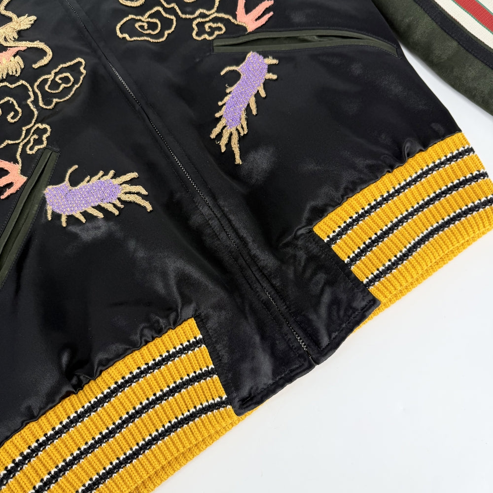 【秋物特集】 GUCCI グッチ ジャケット ドラゴン 刺繡 スカジャン アパレル 服 48 ブラック 黒 グリーン 緑 春 秋 アセテート メンズ【中古品】