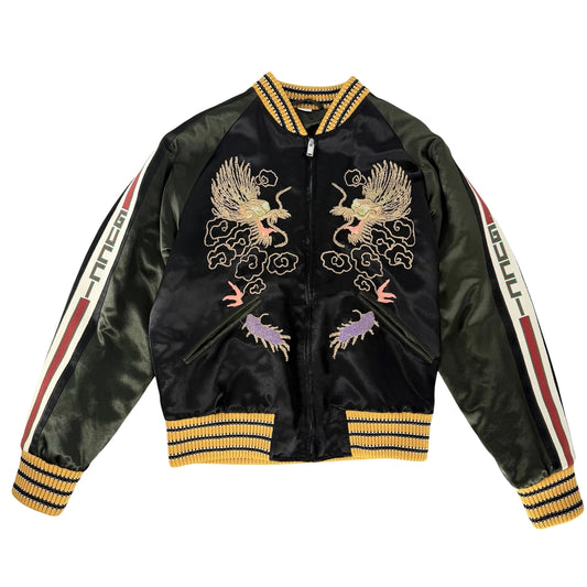 【秋物特集】 GUCCI グッチ ジャケット ドラゴン 刺繡 スカジャン アパレル 服 48 ブラック 黒 グリーン 緑 春 秋 アセテート メンズ【中古品】