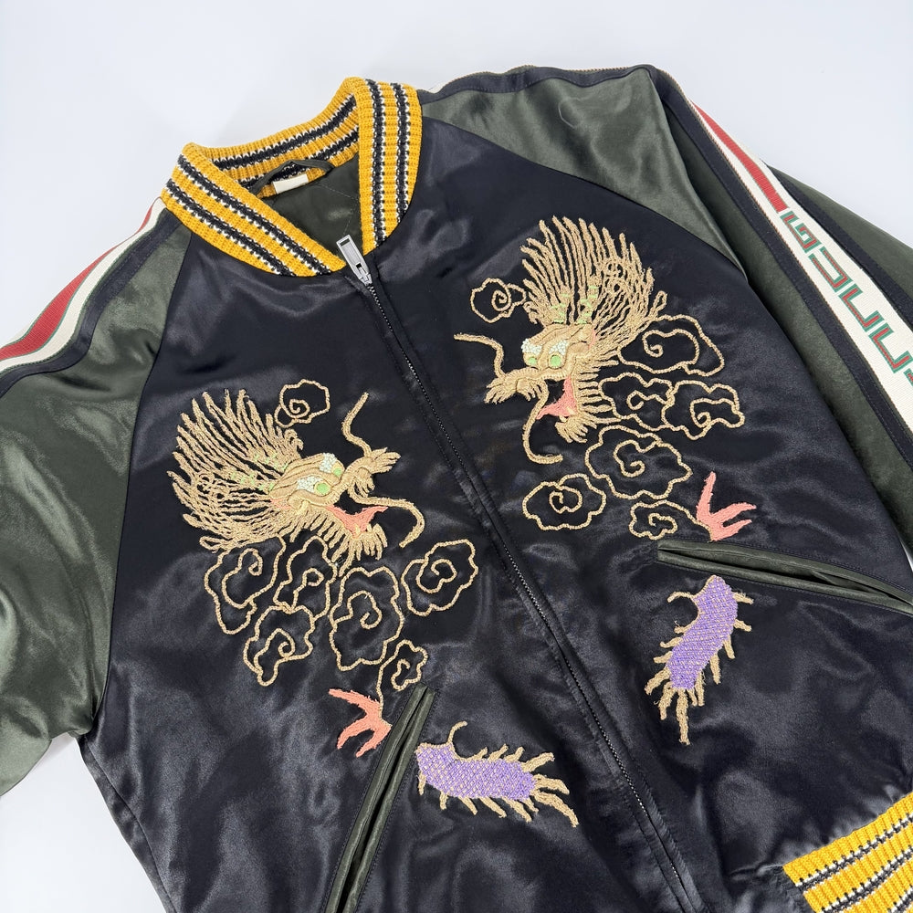 【秋物特集】 GUCCI グッチ ジャケット ドラゴン 刺繡 スカジャン アパレル 服 48 ブラック 黒 グリーン 緑 春 秋 アセテート メンズ【中古品】