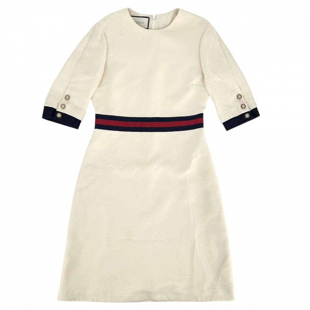 【開店SALE】 GUCCI グッチ ワンピース ウェブベルト GGボタン フレア アパレル 服 42 448541 ベージュ ウール シルク レディース【中古品】