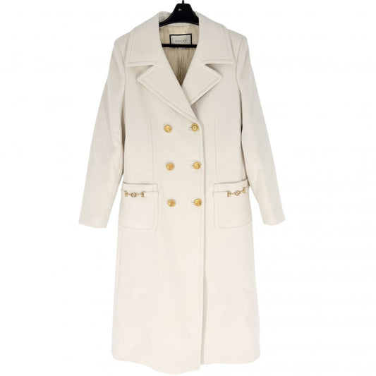 【秋物特集】 GUCCI グッチ コート ロングコート インターロッキングG アウター 上着 春 秋 服 42 592185 アイボリー ゴールド金具 秋 冬 ウール レディース【中古品】