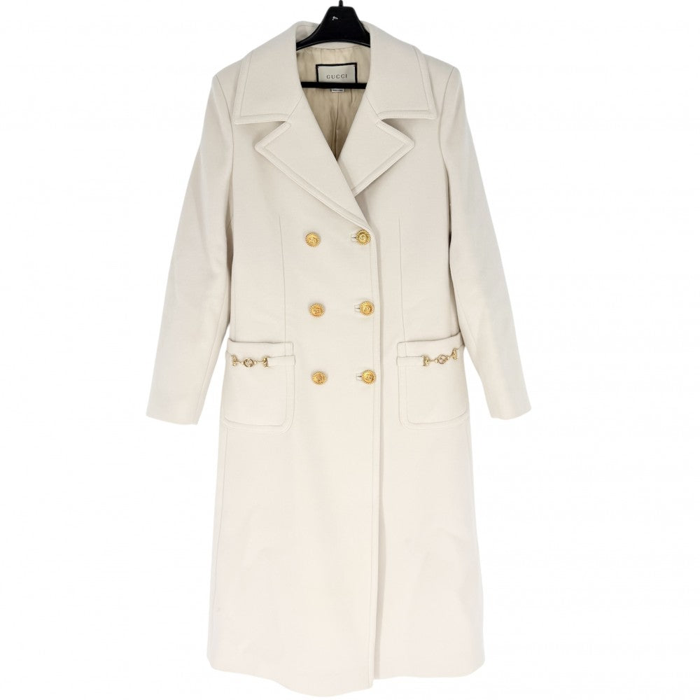 GUCCI グッチ コート ロングコート インターロッキングG アウター 上着 春 秋 服 42 592185 アイボリー ゴールド金具 秋 冬 ウール レディース【中古品】
