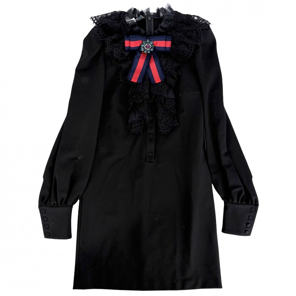 GUCCI グッチ ワンピース フリル リボン 長袖 服 ドレス アパレル シェリーライン XS 595504 ブラック 黒 春 秋 オールシーズン レーヨン ナイロン ポリウレタン レディース【中古品】