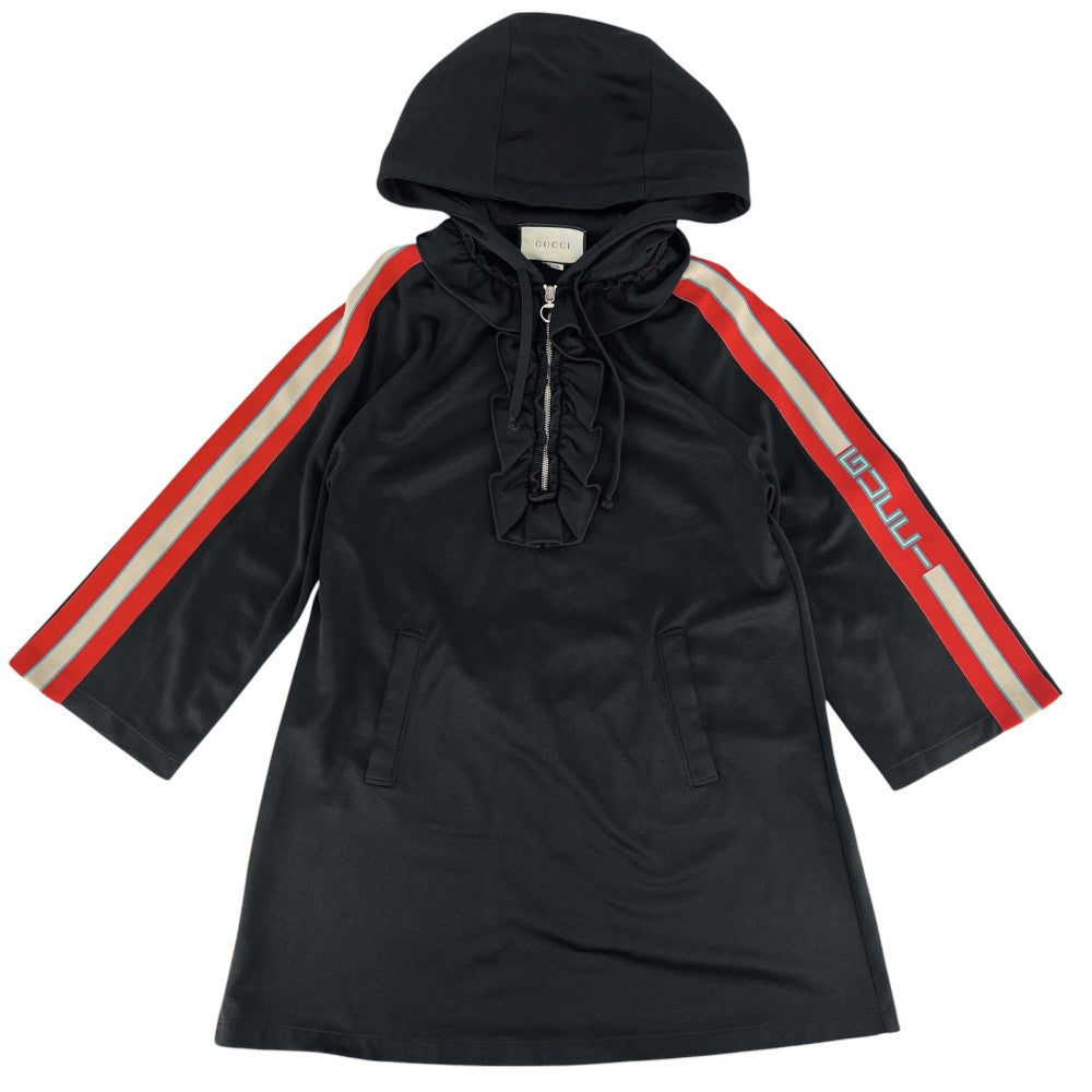 GUCCI グッチ ワンピース フリル フード付き 長袖 服 ロゴ ジャージー アパレル S 502280 ブラック 黒 シルバー金具 春 秋 オールシーズン ポリエステル コットン レディース【中古品】