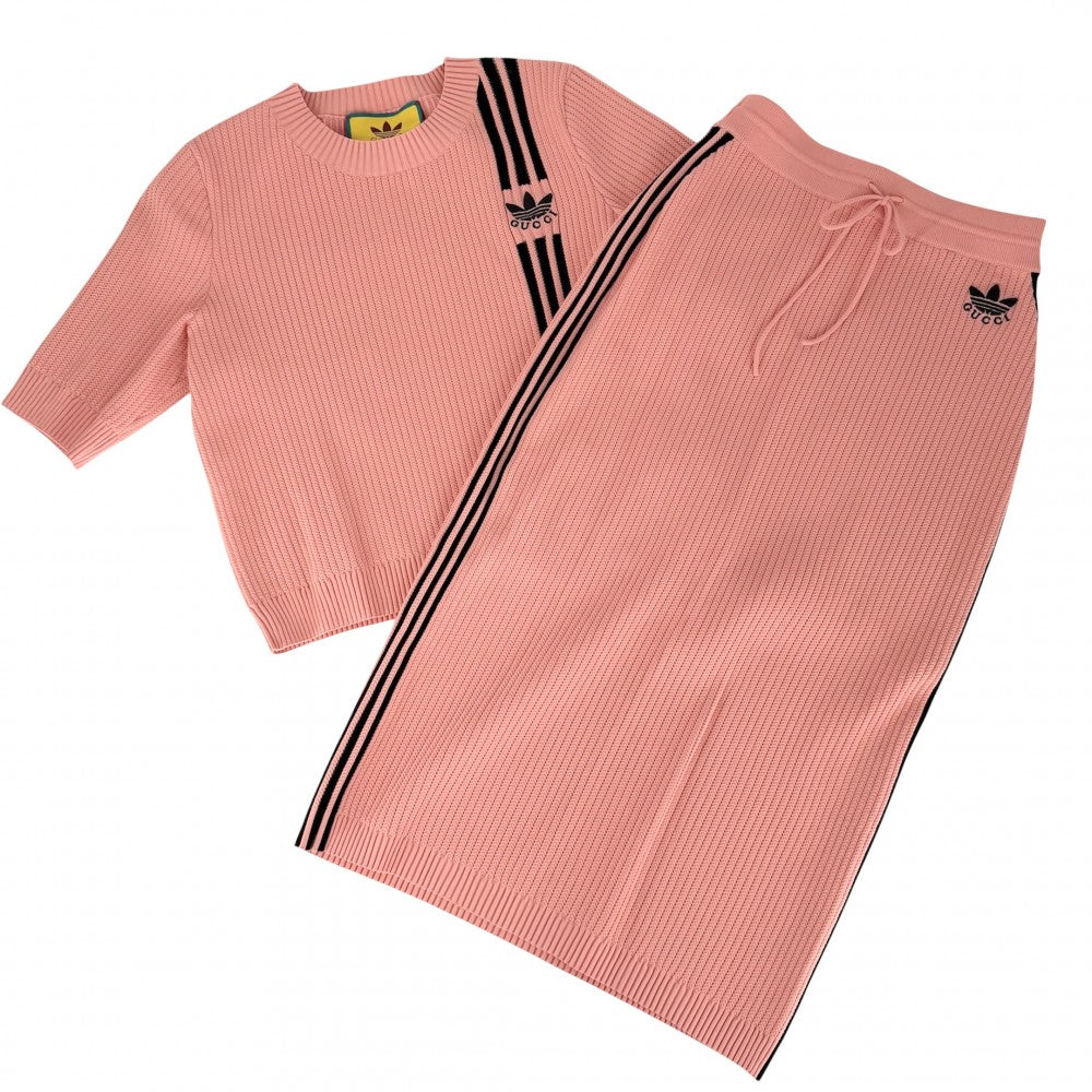 GUCCI グッチ セットアップ アディダスコラボ 半袖ニット ロングスカート adidas 服 アパレル トップス ボトムス M 693809/697710 ピンク ブラック 黒 春 夏 レーヨン ポリエステル ナイロン ポリウレタン レディース【中古品】