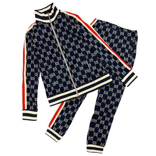 GUCCI グッチ セットアップ GGジャガード ジャージ ジップアップ 長袖 アウター パンツ アパレル XL 496919/496920 ネイビー 紺 シルバー金具 コットン メンズ【中古品】