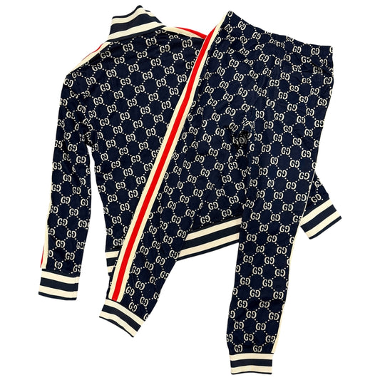 GUCCI グッチ セットアップ GGジャガード ジャージ ジップアップ 長袖 アウター パンツ アパレル XL 496919/496920 ネイビー 紺 シルバー金具 コットン メンズ【中古品】