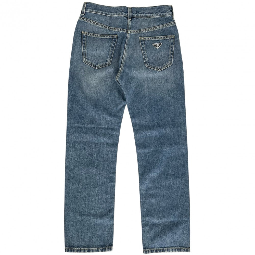 PRADA プラダ パンツ トライアングルロゴ ボトムス アパレル 服 GFP469 ブルー 青 シルバー金具 レディース【中古品】