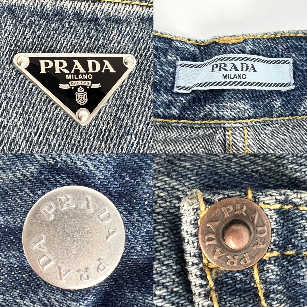 PRADA プラダ パンツ トライアングルロゴ ボトムス アパレル 服 GFP469 ブルー 青 シルバー金具 レディース【中古品】