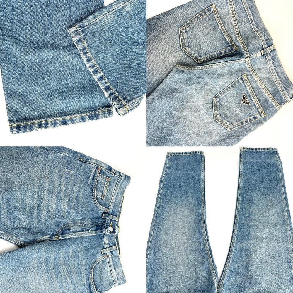 【開店SALE】 PRADA プラダ パンツ トライアングルロゴ ボトムス アパレル 服 GFP469 ブルー 青 シルバー金具 レディース【中古品】