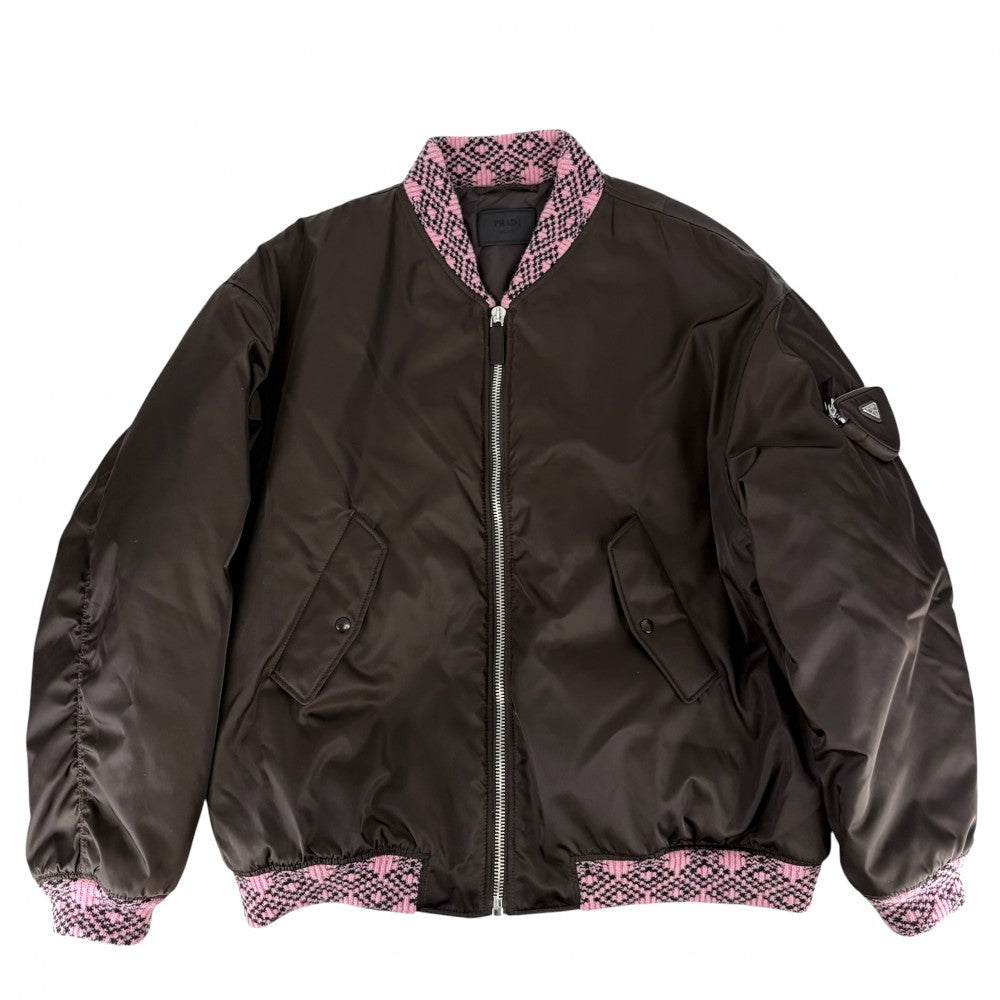 PRADA プラダ ブルゾン ボンバージャケット 服 アウター M SGB895 ブラウン 茶 ピンク シルバー金具 冬 ポリアミド メンズ【中古品】