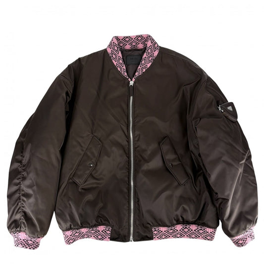 PRADA プラダ ブルゾン ボンバージャケット 服 アウター M SGB895 ブラウン 茶 ピンク シルバー金具 冬 ポリアミド メンズ【中古品】