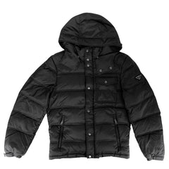 PRADA プラダ ダウンジャケット トライアングルロゴ フード付き ジャケット アウター アパレル 服 46 ブラック 黒 シルバー金具 冬 ポリエステル メンズ【中古品】