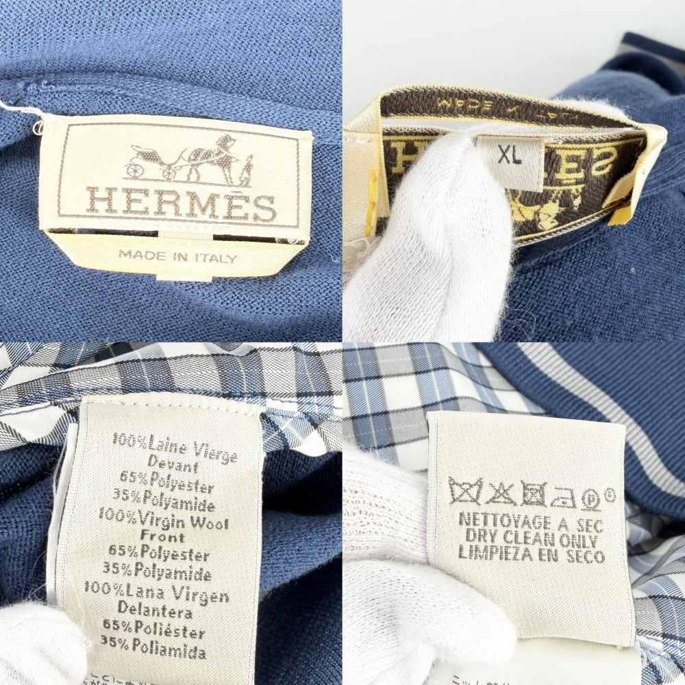 HERMES エルメス パーカー チェック アウター ジップアップ メンズ レディース XL ブルー系 シルバー金具 春 秋 ウール ポリエステル ナイロン ユニセックス【中古品】