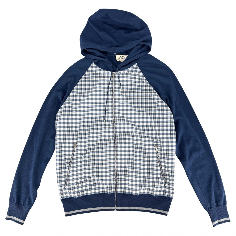 HERMES エルメス パーカー チェック アウター ジップアップ メンズ レディース XL ブルー系 シルバー金具 春 秋 ウール ポリエステル ナイロン ユニセックス【中古品】