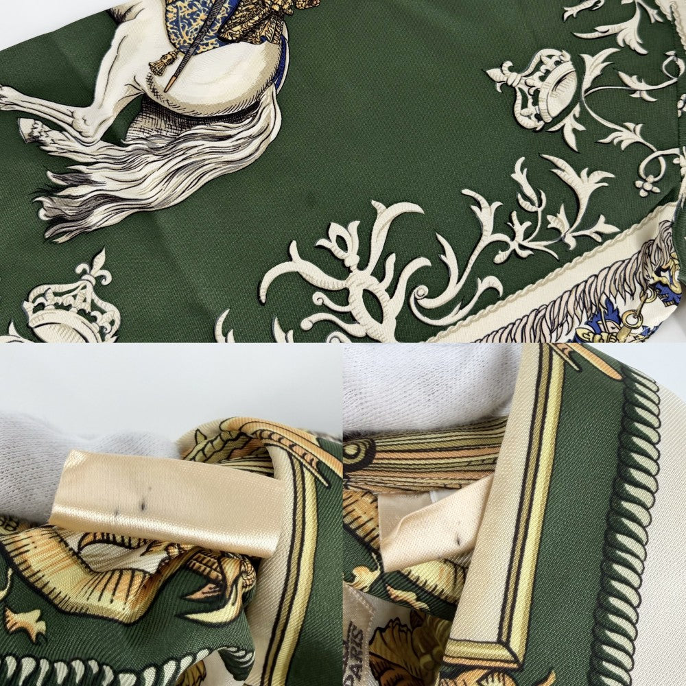 HERMES エルメス 長袖シャツ アパレル トップス 馬 ホース 総柄 服 38 グリーン 緑 ホワイト 白 春 秋 シルク メンズ【中古品】