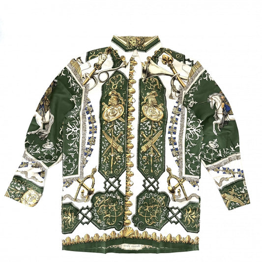 HERMES エルメス 長袖シャツ アパレル トップス 馬 ホース 総柄 服 38 グリーン 緑 ホワイト 白 春 秋 シルク メンズ【中古品】