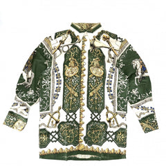 HERMES エルメス 長袖シャツ アパレル トップス 馬 ホース 総柄 服 38 グリーン 緑 ホワイト 白 春 秋 シルク メンズ【中古品】