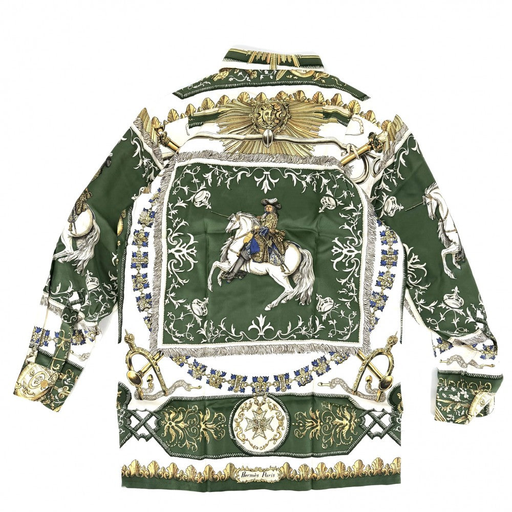 HERMES エルメス 長袖シャツ アパレル トップス 馬 ホース 総柄 服 38 グリーン 緑 ホワイト 白 春 秋 シルク メンズ【中古品】