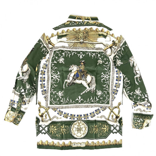 HERMES エルメス 長袖シャツ アパレル トップス 馬 ホース 総柄 服 38 グリーン 緑 ホワイト 白 春 秋 シルク メンズ【中古品】