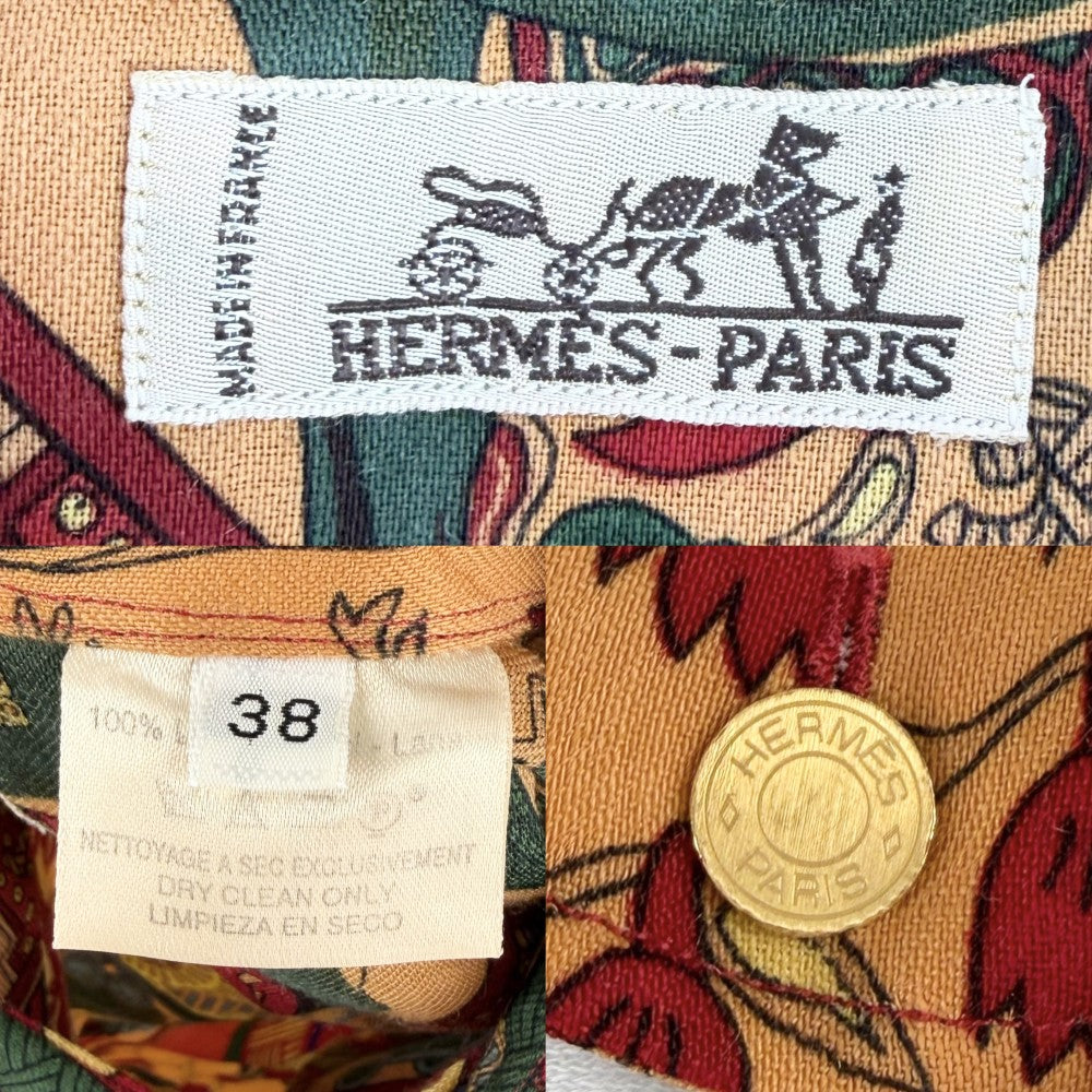 HERMES エルメス 長袖シャツ アパレル トップス 馬 ホース 総柄 服 38 オレンジ マルチカラー 春 秋 ウール メンズ【中古品】
