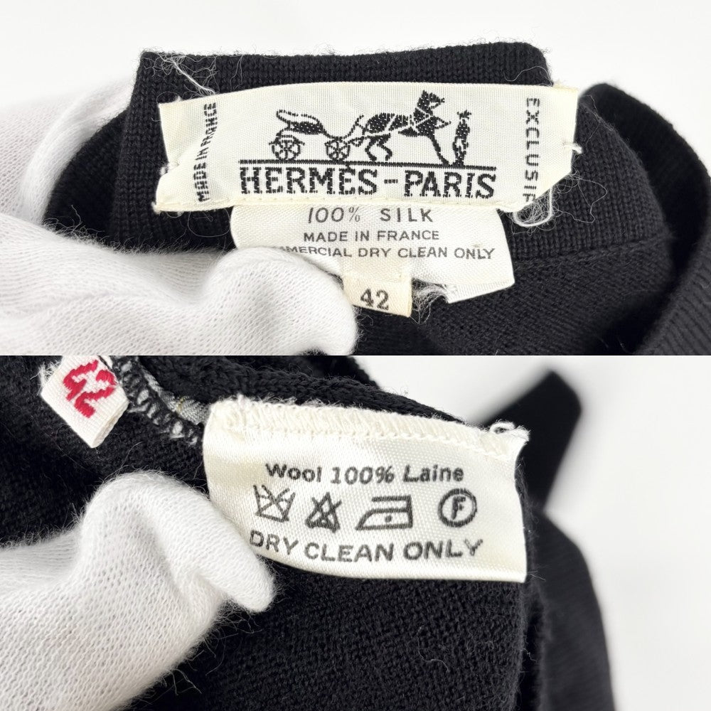 【開店SALE】 HERMES エルメス カーディガン ツイルレーヌ ETRIERS 鐙 アパレル ニット切り替え トップス 服 42 ピンク ブラック 黒 春 秋 シルク レディース【中古品】
