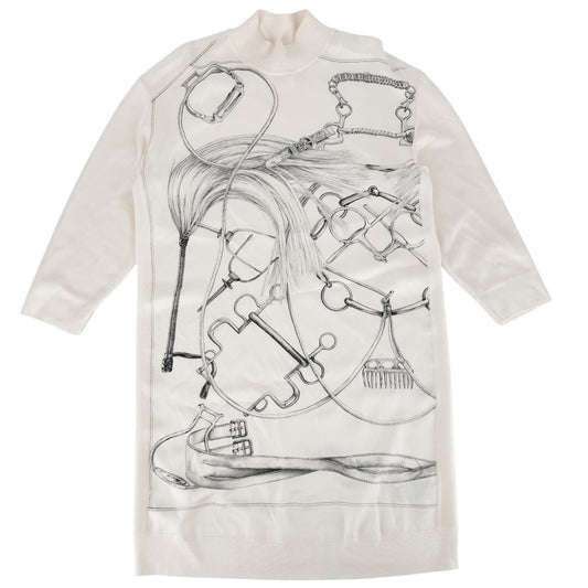 HERMES エルメス ワンピース ツイルレーヌ ETRIERS 七分丈 アパレル ニット切り替え 服 40 アイボリー 春 秋 シルク シルク カシミヤ ナイロン レディース【中古品】