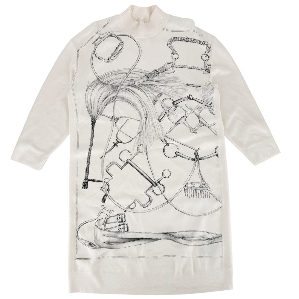 HERMES エルメス ワンピース ツイルレーヌ ETRIERS 七分丈 アパレル ニット切り替え 服 40 アイボリー 春 秋 シルク シルク カシミヤ ナイロン レディース【中古品】