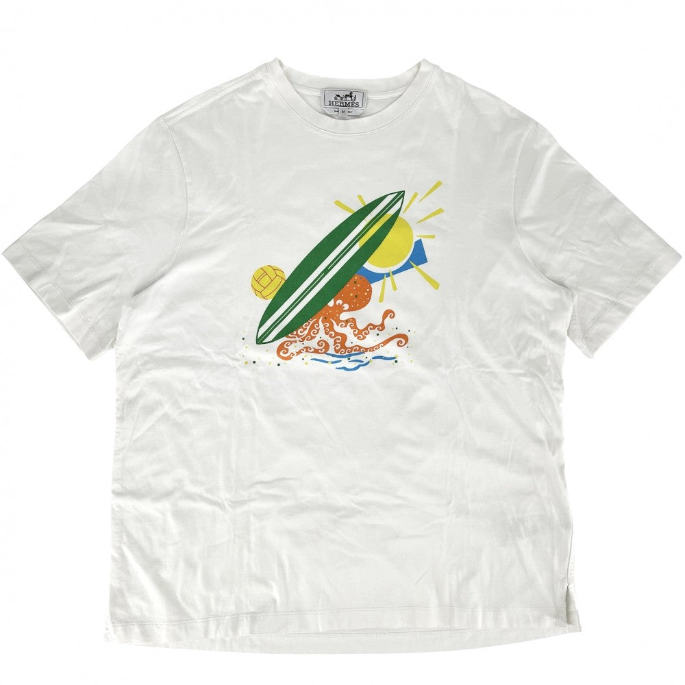 【開店SALE】 HERMES エルメス 半袖Ｔシャツ プールウォッチ クルーネック トップス サーフィン タコ 太陽 アパレル 服 M ホワイト 白 マルチカラー 春 夏 コットン レディース【中古品】