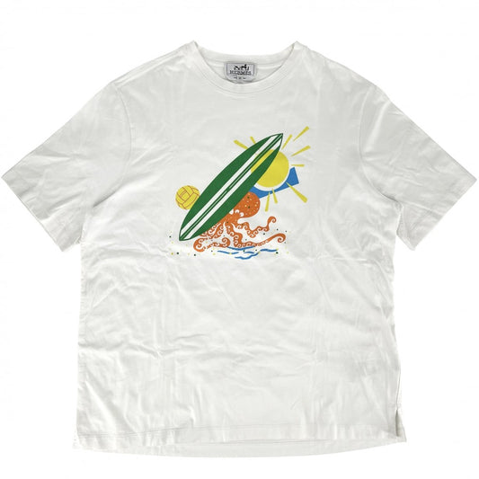 HERMES エルメス 半袖Ｔシャツ プールウォッチ クルーネック トップス サーフィン タコ 太陽 アパレル 服 M ホワイト 白 マルチカラー 春 夏 コットン レディース【中古品】