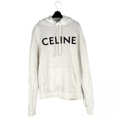【開店SALE】 CELINE セリーヌ パーカー フード付き ルーズフーディ アパレル コットンフリース ロゴ 服 トップス M 2Y321670Q ホワイト 白 ブラック 黒 シルバー金具 秋 冬 コットン メンズ【中古品】