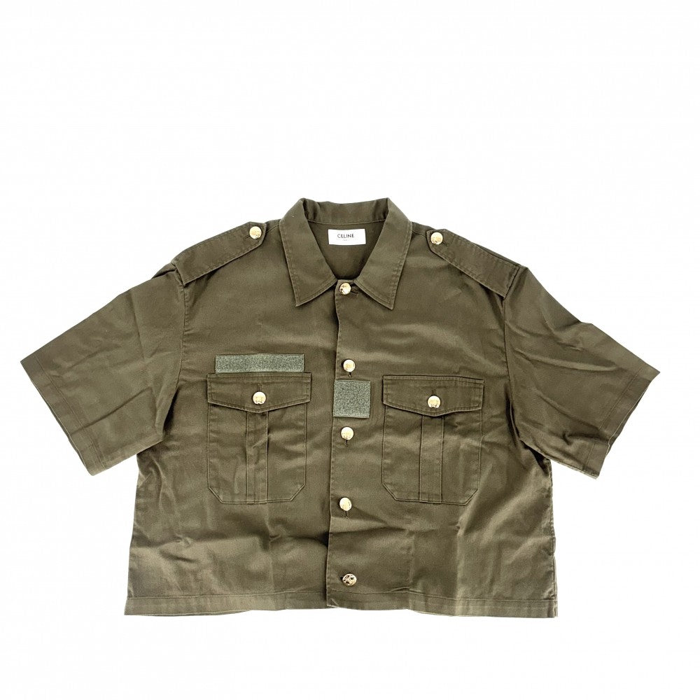 CELINE セリーヌ 半袖シャツ トリオンフボタン ショート丈シャツ トップス アパレル 服 クロップド丈 36 2C580106K カーキ ゴールド金具 春 夏 秋 コットン レディース【中古品】
