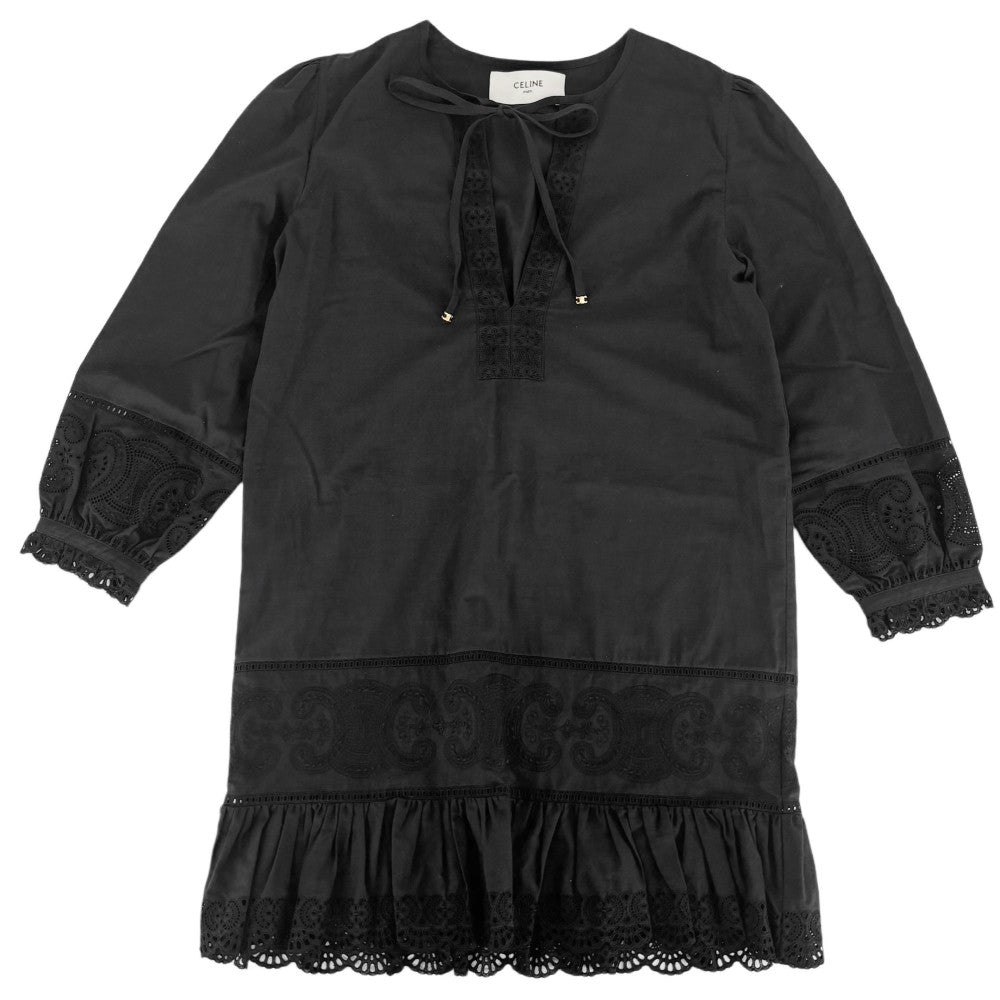 【開店SALE】 CELINE セリーヌ ワンピース トリオンフ レース ミニ丈 長袖 アパレル 服 36 2R73J658R ブラック 黒 ゴールド金具 春 秋 コットン レディース【中古品】