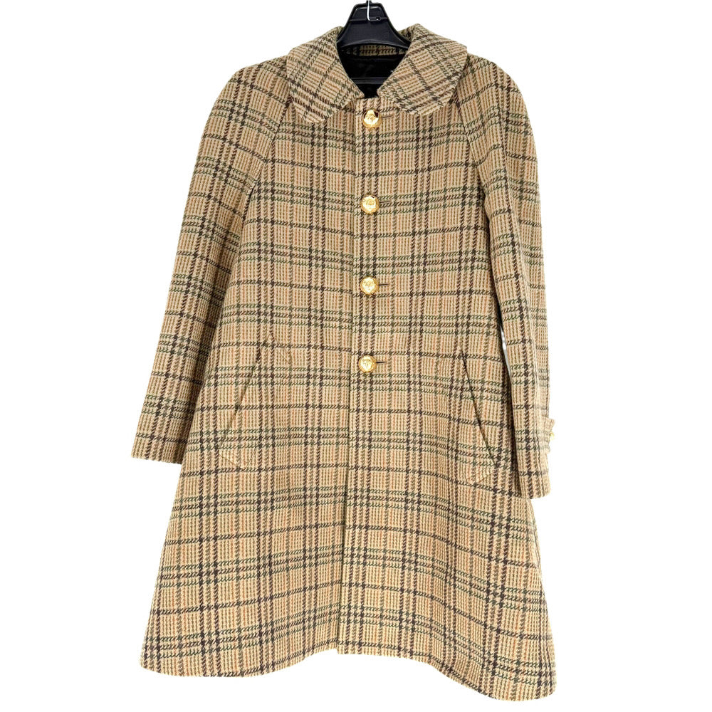 CELINE セリーヌ コート チェック ロングコート アウター 服 アパレル 34 ブラウン 茶 ゴールド金具 秋 冬 ウール ナイロン レディース【中古品】