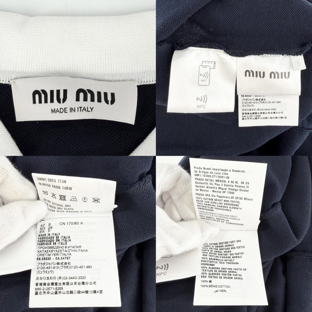 MIUMIU ミュウミュウ ポロシャツ コットンピケ 半袖 アパレル 服 S ネイビー 紺 ホワイト 白 春 夏 コットン レディース【中古品】