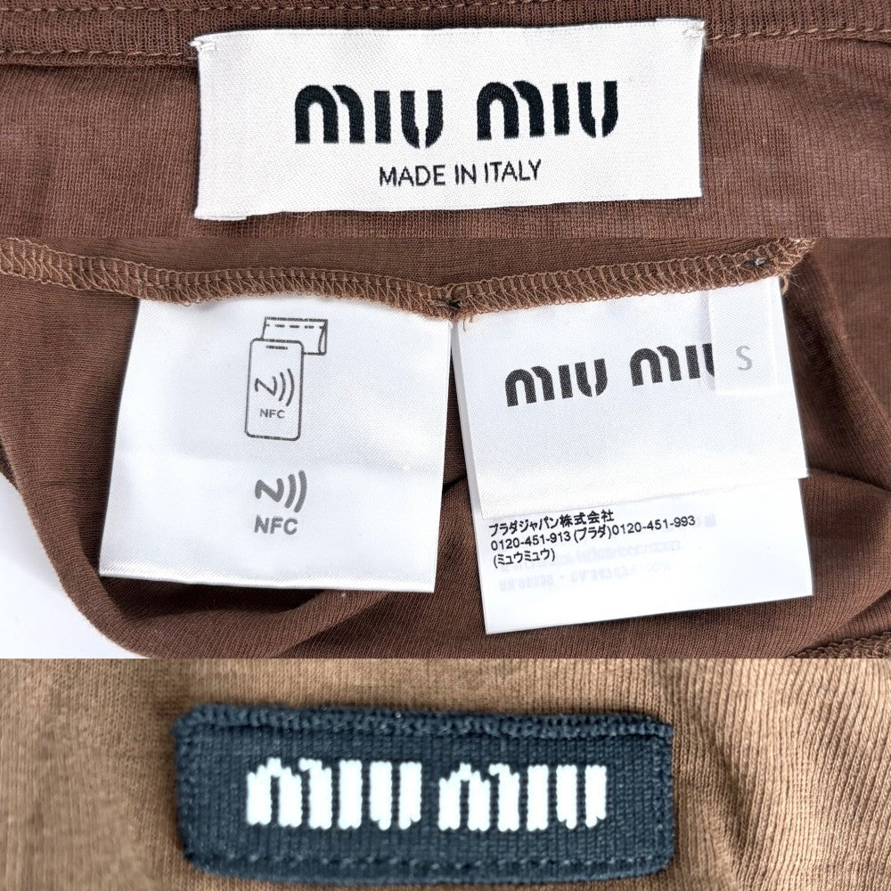 MIUMIU ミュウミュウ トップス クルーネック バイカラー 長袖 薄手 アパレル 服 S ブラウン 茶 春 秋 コットン レディース【中古品】