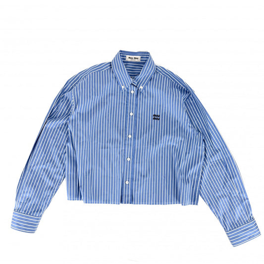 MIUMIU ミュウミュウ 長袖シャツ ポプリンシャツ ストライプ ロゴ クロップド丈 アパレル 服 38 ブルー 青 ホワイト 白 春 夏 コットン レディース【中古品】