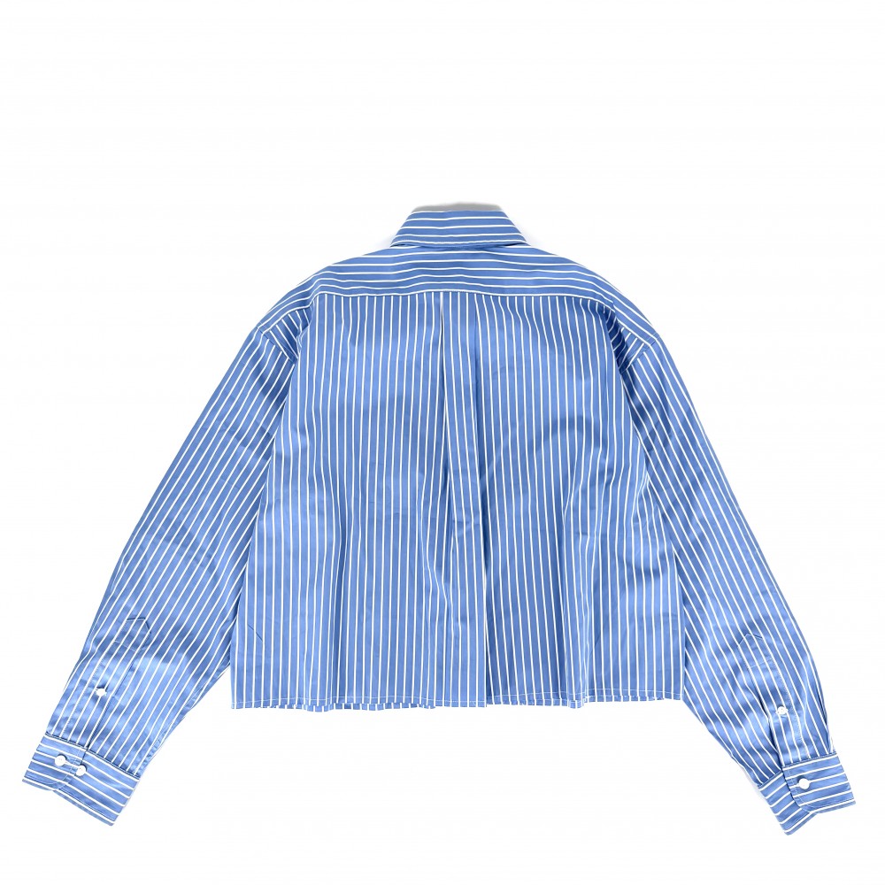 MIUMIU ミュウミュウ 長袖シャツ ポプリンシャツ ストライプ ロゴ クロップド丈 アパレル 服 38 ブルー 青 ホワイト 白 春 夏 コットン レディース【中古品】