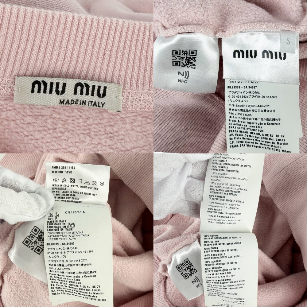 MIUMIU ミュウミュウ スウェット ロゴ スタッズ 長袖 トップス アパレル 服 裏起毛 S ピンク 秋 冬 コットン レディース【中古品】